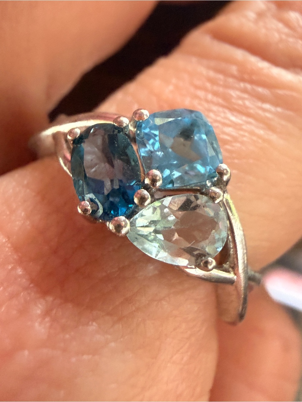 Vintage Triple Stone London Blue Blue topaz 925 Silver Ring -sz8